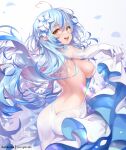  1girl :d backless_dress backless_outfit bare_back blue_eyes blue_hair breasts dress elbow_gloves flower gloves hair_flower hair_ornament hololive hong_(white_spider) long_hair looking_at_viewer medium_breasts open_mouth sideboob simple_background smile solo teeth upper_teeth virtual_youtuber white_background white_dress white_gloves yukihana_lamy 