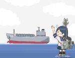  1girl ahoge black_hair blue_sailor_collar blue_skirt commentary_request kantai_collection long_hair machinery oil_tanker saiguchi_otoufu sailor_collar school_uniform serafuku ship skirt smokestack solo standing standing_on_liquid tanker_(ship) ushio_(kancolle) water watercraft 