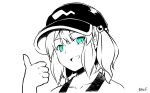  1girl bangs blue_eyes blush commentary_request fang flat_cap hair_bobbles hair_ornament hat highres kagiyama_pandra kawashiro_nitori looking_at_viewer medium_hair open_mouth portrait sidelocks simple_background skin_fang smile solo spot_color tank_top thumbs_up touhou two_side_up 