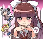  3girls alice_margatroid alternate_costume animal_ears bangs blazer blonde_hair blue_skirt blunt_bangs blush bow brown_cardigan brown_eyes brown_hair brown_jacket cardigan chibi closed_mouth commentary_request cookie_(touhou) cosplay doki_doki_literature_club gendou_pose grey_hair hair_bow hairband hakurei_reimu heart heart-shaped_pupils highres ichigo_(cookie) jacket looking_at_viewer monika_(doki_doki_literature_club) monika_(doki_doki_literature_club)_(cosplay) mouse_ears mouse_girl mouse_tail multiple_girls nazrin neck_ribbon nyon_(cookie) own_hands_clasped own_hands_together pleated_skirt red_eyes red_hairband red_ribbon ribbon rurima_(cookie) school_uniform shirt short_hair skirt smile sn_(zigzagspark6) spoken_heart symbol-shaped_pupils tail touhou upper_body white_bow white_shirt 