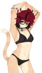  1girl aeiou_(yoako) animal_ear_fluff animal_ears animal_nose aqua_eyes aqua_nails armpits arms_up artist_name bikini black-framed_eyewear black_bikini black_hair black_nails body_fur breasts cat_ears cat_girl cat_tail choker commentary cowboy_shot earclip english_commentary furry furry_female hair_ornament highres looking_at_viewer medium_breasts multicolored_hair multicolored_nails nail_polish navel one_eye_closed original red_hair short_hair simple_background solo stomach swimsuit tail two-tone_hair white_background x_hair_ornament yoako 