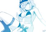  1girl alternate_costume bangs belt bikini blue_theme blush boots breasts cleavage commentary_request flat_cap foot_out_of_frame hair_bobbles hair_ornament hat highres holster kagiyama_pandra kawashiro_nitori large_breasts looking_at_viewer medium_hair monochrome one_eye_closed open_mouth pliers sidelocks simple_background solo swimsuit thigh_belt thigh_holster thigh_strap touhou two_side_up untied untied_bikini wrench 