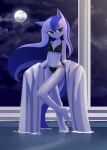  anthro blue_body blue_hair blue_skin blush bra breasts clothing cloud collarbone equid equine eyelashes female friendship_is_magic full_moon green_eyes hair half-closed_eyes hasbro hi_res howxu long_hair mammal moon my_little_pony narrowed_eyes navel night panties princess_luna_(mlp) standing underwear water 