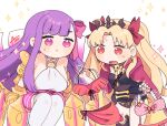  2girls :&lt; artist_name azu_(kirara310) bangs bare_shoulders bikini black_leotard black_thighhighs blonde_hair bow breasts cape chibi claws clothes_hanger commentary_request earrings ereshkigal_(fate) fate/grand_order fate_(series) hair_bow hair_ribbon holding holding_clothes_hanger hood hood_down hooded_cape jewelry large_breasts leotard long_hair multiple_girls o-ring o-ring_top parted_bangs passionlip_(fate) passionlip_(third_ascension)_(fate) pink_bikini pink_bow pink_skirt polka_dot polka_dot_bikini purple_eyes purple_hair red_bikini red_cape red_eyes red_ribbon ribbon single_thighhigh skirt skull spine straight_hair striped striped_skirt sweat sweatdrop swimsuit tank_top thighhighs tiara trait_connection two_side_up very_long_hair white_tank_top white_thighhighs 
