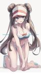  1girl barefoot blush breasts brown_hair cleavage commentary double_bun hair_bun huanxiang_huifeng long_hair looking_at_viewer pokemon pokemon_(game) pokemon_bw2 rosa_(pokemon) simple_background solo twintails visor_cap 