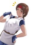  1girl braid breasts brown_eyes brown_hair dougi fingerless_gloves gloves headband kkzk61539201 long_hair looking_at_viewer open_mouth simple_background single_braid solo spandex the_king_of_fighters yuri_sakazaki 