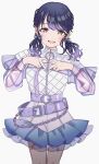  1girl absurdres belt black_hair braid brbrbrbr4 commentary_request fang finger_heart fukumaru_koito highres idolmaster idolmaster_shiny_colors looking_at_viewer low_twintails miniskirt purple_eyes purple_nails see-through see-through_sleeves skin_fang skirt solo twintails white_background 