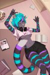  2022 5_fingers anthro begonia-z blue_hair breasts clothed clothing domestic_cat felid feline felis female fingers green_eyes hair hi_res looking_at_viewer mammal midriff navel smile solo 