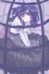  1girl black_hair black_skirt cage commentary_request fukumaru_koito idolmaster idolmaster_shiny_colors juliet_sleeves long_skirt long_sleeves looking_at_viewer medium_hair puffy_sleeves purple_eyes sailor_collar shirt skirt solo twintails white_shirt yukimochi_(yume) 