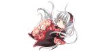  1girl absurdly_long_hair amano_sakuya bangs blunt_bangs chibi dot_mouth dot_nose dress falling frilled_dress frills gosick gosick_red green_eyes grey_hair hairband lolita_fashion lolita_hairband long_hair looking_away red_dress simple_background solo very_long_hair victorica_de_blois white_background 