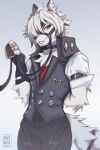  2022 anthro artist_name big_tail black_bottomwear black_clothing black_pants bottomwear butler canid canine canis clothing fur hand_behind_back harness hi_res leash male mammal mihoyo pants red_eyes rin_tyan solo topwear video_games von_lycaon watermark white_body white_fur wolf zenless_zone_zero 