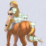  +_+ 1boy ^_^ arm_strap blonde_hair blue_scarf centaur chiron_(fate) closed_eyes creature creature_on_shoulder curtained_hair facing_back facing_viewer fate/grand_order fate_(series) feet_out_of_frame from_behind grey_background holding_tail horseback_riding kon_(fate) long_hair male_focus mayuhiko3310 on_shoulder parted_lips riding sash scarf sitting sleeveless smile standing tail taur toned toned_male tunic white_tunic yellow_sash 
