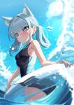  1girl absurdres animal_ear_fluff animal_ears bada_(jksh5056) bangs bare_shoulders black_one-piece_swimsuit blue_archive blue_eyes blue_one-piece_swimsuit blue_sky blush breasts cross_hair_ornament extra_ears grey_hair hair_ornament halo highleg highleg_swimsuit highres innertube lens_flare looking_at_viewer looking_back medium_hair one-piece_swimsuit open_mouth parted_lips ponytail shiroko_(blue_archive) shiroko_(swimsuit)_(blue_archive) sky small_breasts solo swimsuit thighs twintails two-tone_swimsuit water wolf_ears 