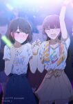  2girls audience blue_eyes blush bob_cut breasts brown_hair cheering closed_eyes embarrassed glowstick highres holding_glowstick holding_hands multiple_girls muromaki original short_twintails skirt small_breasts stage_lights twintails wristband yuri 