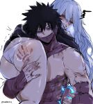  1boy 1girl absurdres ass black_hair blue_eyes blue_fire boku_no_hero_academia burn_scar dabi_(boku_no_hero_academia) fire genderswap highres kurenaiz1 long_hair muscular muscular_male panties red_eyes scar shigaraki_tomura short_hair slap_mark stitches sweat thighs topless_male underwear white_hair 