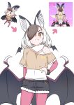  1girl adapted_costume animal_ears bat_ears bat_girl bat_wings bracelet brown_eyes brown_hair brown_long-eared_bat_(kemono_friends) brown_shirt camisole commentary_request cowboy_shot frilled_sleeves frills fur_collar hair_over_one_eye hand_on_hip highres illu jewelry kemono_friends kemono_friends_v_project midriff_peek multicolored_hair multiple_views off-shoulder_shirt off_shoulder pantyhose partial_commentary pink_pantyhose shirt short_shorts short_sleeves shorts spaghetti_strap two-tone_hair virtual_youtuber white_fur white_hair white_shirt wings 