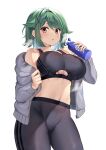  1girl :o absurdres aqua_hair bangs black_pants black_sports_bra bottle breasts brown_eyes coat collarbone colored_inner_hair commentary_request detached_sleeves green_hair grey_coat hair_flaps hair_ornament highres holding holding_bottle looking_at_viewer multicolored_hair navel open_mouth original pants sanshoku_amido short_hair simple_background solo sports_bra standing track_pants two-tone_hair underboob water_bottle white_background x_hair_ornament 