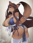  2019 anthro armwear bangs besthetz brown_body brown_fur brown_hair canid canine clothing dress elbow_gloves eyewear female fur glasses gloves hair handwear hi_res legwear long_hair looking_at_viewer mammal raised_tail simple_background smile solo standing thigh_highs white_clothing white_gloves white_handwear 