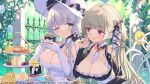  2girls azur_lane bangs bare_shoulders between_breasts bird black_dress black_nails blue_eyes blue_gemstone blunt_bangs blush breasts cake chair chick cleavage closed_mouth collarbone commentary_request cup dress earrings elbow_gloves fence food formidable_(azur_lane) frilled_dress frills gem gloves grey_hair hair_ornament hair_ribbon hand_up hat holding holding_cup illustrious_(azur_lane) jewelry lace-trimmed_headwear lace_trim large_breasts long_hair looking_at_another macaron manjuu_(azur_lane) mole mole_under_eye multiple_girls necktie necktie_between_breasts official_art one_eye_closed outdoors parted_lips red_eyes ribbon sandwich scone sidelocks sitting smile strapless strapless_dress sun_hat table tam-u teacup tiered_tray tree tress_ribbon tri_tails twintails two-tone_dress two-tone_ribbon upper_body very_long_hair white_dress white_gloves white_hair white_headwear 