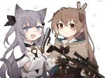  2girls ahoge animal_ears brown_eyes brown_hair cape cat_ears cat_tail dog_ears fang feather_hair_ornament feathers gloves grey_eyes grey_hair gun gyaheung hair_ornament handgun holding holding_gun holding_weapon hololive hololive_english hololive_indonesia long_hair mk_14_ebr multiple_girls nanashi_mumei partially_fingerless_gloves ponytail rifle sniper_rifle tail trigger_discipline vestia_zeta virtual_youtuber weapon 