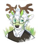  anthro artist_name asnnonaka black_clothing black_nose black_topwear blue_eyes brown_antlers bust_portrait cervid clothed clothing eyebrow_through_hair eyebrows front_view fur glistening glistening_eyes green_body green_fur hair looking_aside male mammal messy_hair mouth_closed portrait short_hair simple_background solo topwear translucent translucent_hair white_body white_clothing white_eyebrows white_fur white_hair white_topwear 