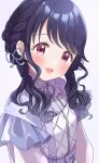  1girl belt black_hair blush braid commentary_request fang fukumaru_koito hair_ribbon highres idolmaster idolmaster_shiny_colors kahiika long_hair looking_at_viewer low_twintails purple_eyes ribbon see-through see-through_sleeves skin_fang solo twintails upper_body 