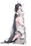  1girl absurdly_long_hair absurdres ahoge alternate_costume arm_up ass azur_lane back_bow barefoot black_hair bow breasts elf feet from_side full_body highres large_breasts long_hair looking_away looking_back pointy_ears red_eyes revealing_clothes solo standing standing_on_one_leg taihou_(azur_lane) toes very_long_hair yaoshan_shi 