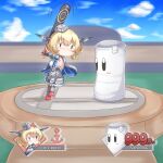  1girl arena bangs baseball_bat blonde_hair blue_capelet blush capelet colorado_(kancolle) crossover dress garrison_cap hair_ornament hat headgear highres kantai_collection necktie outdoors red_footwear riretsuto sandbag_(smash_bros) shirt short_hair skirt sky solid_eyes solid_oval_eyes super_smash_bros. 