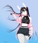  2022 5_fingers anthro begonia-z black_hair blue_eyes breasts clothed clothing eyebrows eyelashes female fingers hair hi_res lagomorph leporid looking_at_viewer mammal midriff navel pink_hair rabbit smile solo standing 