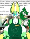  &lt;3 anthro apron apron_only areola big_breasts blue_eyes bodily_fluids breasts clothing container cup english_text female generation_5_pokemon green_areola green_nipples hi_res holding_cup holding_marker holding_object huge_breasts i_mean_breast_milk june_greenfield lactating lewdchuu_(artist) looking_at_viewer marker meme milk mostly_nude multicolored_body name_tag nintendo nipples open_mouth pokemon pokemon_(species) serperior solo text two_tone_body video_games 