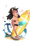  1girl animal_ear_fluff animal_ears ankle_strap arm_up armpits ass_visible_through_thighs ball beachball bikini black_hair blush breasts cleavage clothes_removed collarbone colored_tips covered_nipples curvy dark_skin floral_print full_body hair_between_eyes hair_flaps hand_on_own_chest heart highres holding holding_surfboard hololive kani_bonara large_breasts long_hair looking_at_viewer lowleg lowleg_bikini multicolored_hair navel ookami_mio open_mouth orange_eyes palm_tree pointy_breasts ponytail running sand shorts shorts_around_one_leg side-tie_bikini_bottom sideboob sidelocks simple_background smile solo standing standing_on_one_leg streaked_hair string_bikini surfboard swimsuit tail tan tanlines thigh_gap thighs tree underboob very_long_hair virtual_youtuber wet wide_hips wolf_ears wolf_girl wolf_tail 