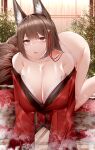  1girl absurdres all_fours amagi_(azur_lane) animal_ears azur_lane bangs bare_shoulders blush breasts brown_hair bush cleavage collarbone commentary hair_ornament hanging_breasts highres huge_breasts japanese_clothes kimono long_hair looking_at_viewer open_mouth panties purple_eyes red_kimono samip solo symbol-only_commentary tail tatami teeth underwear upper_teeth white_panties wide_sleeves 