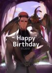  1boy at4190_(user_vzac7788) belt bird blue_sky brown_eyes brown_hair closed_mouth cloud cloudy_sky eagle earrings feather_hair_ornament feathers hair_ornament happy_birthday highres indoors jacket jewelry jojo_no_kimyou_na_bouken long_sleeves looking_at_viewer pet_shop purple_scarf scarf sky smile solo stardust_crusaders terence_t._d&#039;arby white_curtains white_jacket window 