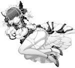  1girl :3 ass azur_lane bangs blunt_bangs breasts cheshire_(azur_lane) cleavage earrings garter_straps greyscale high_heels highres hori_(hori_no_su) jewelry large_breasts looking_at_viewer monochrome multicolored_hair one_eye_closed parted_lips short_hair simple_background solo thighhighs white_background 