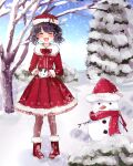  1girl black_hair boots christmas drawfag dress fangs flying_sweatdrops fukumaru_koito full_body gloves hat highres idolmaster idolmaster_shiny_colors long_sleeves neck_ribbon open_mouth outdoors pantyhose red_dress red_footwear red_ribbon ribbon santa_costume santa_hat skin_fangs snow snowman solo tree twintails 