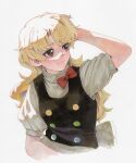  100th_black_market 1girl arm_up bangs black_vest blonde_hair bow bowtie brown_eyes buttons closed_mouth commentary_request grey_shirt hand_in_own_hair hand_on_own_head highres kirisame_marisa long_hair looking_to_the_side marker_(medium) multicolored_buttons no_headwear overexposure parted_bangs puffy_short_sleeves puffy_sleeves red_bow red_bowtie scratching_head shadow shiratama_(hockey) shirt short_sleeves solo touhou traditional_media turtleneck upper_body vest wavy_hair wavy_mouth 