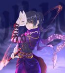  1girl alluring bandai_namco black_and_red_and_purple_hair black_hair breasts eyebrows_hidden_by_hair fingerless_gloves fox_mask gloves holding holding_weapon insanely_hot japanese_clothes kunimitsu_(tekken) kunimitsu_ii lips long_sleeves looking_at_viewer mask moku namco ninja purple_eyes solo tekken tekken_7 violet_eyes weapon 