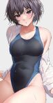  1girl :o amagami bangs bare_shoulders black_hair blush breasts cleavage collared_shirt competition_swimsuit covered_navel dripping highres looking_at_viewer medium_breasts nanasaki_ai off_shoulder oidoden2535 one-piece_swimsuit parted_lips purple_eyes shirt short_hair simple_background solo swimsuit thighs two-tone_swimsuit wet wet_clothes wet_shirt white_background white_shirt 