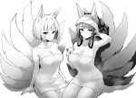  2girls akagi_(azur_lane) alternate_hairstyle animal_ears azur_lane bare_shoulders blush breasts cleavage closed_mouth collarbone fox_ears fox_girl fox_tail greyscale highres hori_(hori_no_su) kaga_(azur_lane) large_breasts long_hair looking_at_viewer monochrome multiple_girls naked_towel short_hair simple_background smile steam sweat tail towel white_background 