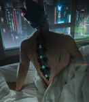  1boy back bed black_hair city cyberpunk cyberpunk_(series) cyberpunk_edgerunners cyborg david_martinez highres indoors jacksonso male_focus night on_bed short_hair solo spiked_hair undercut window 