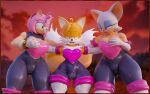  amy_rose anthro boots breasts bulge canid canine chiropteran clothing eulipotyphlan female footwear fox glistening glistening_clothing gloves group handwear hedgehog hi_res latex looking_at_another looking_at_viewer male male/female mammal miles_prower rouge_the_bat sega sonic_the_hedgehog_(series) tailsltx tight_clothing trio 