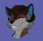  anthro blue_inner_ear blush blush_lines brown_hair canid canine canis cheek_tuft eyes_closed facial_tuft fur grey_body grey_fur hair horn hybrid inner_ear_fluff light_brown_fur light_grey_fur male mammal shawnghost smile solo tuft wolf 