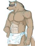  anthro brown_body brown_fur canid canine canis corrector_yui eyewear fur male mammal muscular muscular_male simple_background sketch solo sunglasses towel towel_around_waist towel_only unfinished unknown_artist war_wolf white_background wolf 