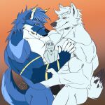  anthro big_dom_small_sub canid canine canis dominant embrace hi_res hug human justagoodboy larger_male male mammal muscular size_difference wolf 