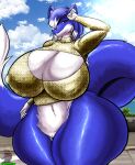  anthro big_breasts blue_body blue_fur bottomless breasts canid canine cleavage clothed clothing female fur genitals hair hair_over_eye hi_res huge_breasts mammal nipple_outline nobody147 one_eye_obstructed pussy solo thick_thighs 