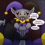  absurd_res clothed clothing deltarune genitals hi_res jevil_(deltarune) low-angle_view male penis penis_towards_viewer solo suiro text undertale_(series) video_games 