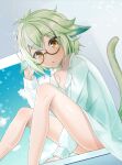  1girl animal_ears blush bottomless breasts cat_ears cat_tail collarbone genshin_impact glasses green_hair highres indoors long_sleeves looking_at_viewer multicolored_hair naked_shirt no_panties open_mouth orange_eyes ridario_(eag0003) semi-rimless_eyewear shirt short_hair sitting sitting_on_table small_breasts solo streaked_hair sucrose_(genshin_impact) tail thighs white_shirt window 