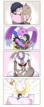  angel anthro antylamon bandai_namco beady_eyes black_hair blush brown_body brown_fur cherubimon cherubimon_(good) digimon digimon_(species) digimon_survive duo embrace evolutionary_family eyewear fur glasses group hair hi_res horn hsnkz809 hug human lagomorph leporid long_ears lopmon lopmon_(survive) male mammal pink_body rabbit shuuji_kayama turuiemon 