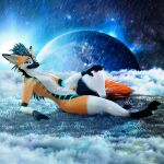 1:1 3d_(artwork) anthro blender_(software) canid canine canis chill cloud digital_media_(artwork) fan_character fantasy feet fur hair hi_res invalid_tag lil_esp lill_espion looking_at_viewer lying male mammal paws relaxing rexouium sky solo space toes universe video_games vrchat widescreen 