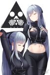  1girl absurdres ak-12_(girls&#039;_frontline) arms_behind_head arms_up artist_name bangs black_bodysuit black_pants black_ribbon bodysuit braid breasts closed_eyes closed_mouth cowboy_shot defy_(girls&#039;_frontline) feet_out_of_frame french_braid girls&#039;_frontline grey_hair hair_between_breasts hair_ribbon hands_on_own_breasts hands_on_own_chest highres leehamin777 long_hair long_sleeves medium_breasts midriff mixed-language_commentary navel pants ponytail revision ribbon sidelocks simple_background solo standing twitter_username 